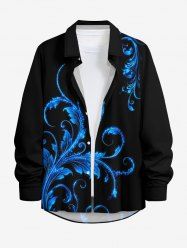 Glitter Curve Leaf Branch Print Hawaii Button Long Sleeves Shirt For Men -  