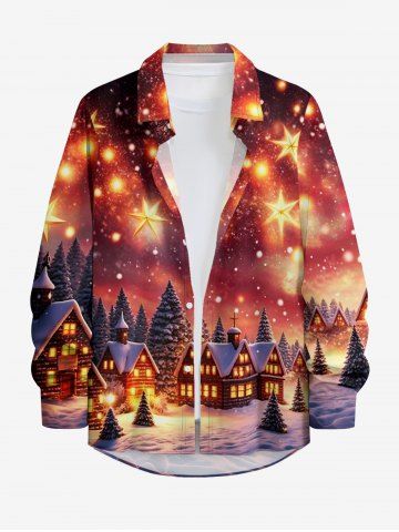 Chemise boutonnée à manches longues pour homme, imprimé maison sapin de Noël et galaxie pailletée - BRICK RED - 7XL