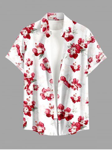 Hibiscus Flower Print Buttons Pocket Hawaii Shirt For Men - WHITE - M