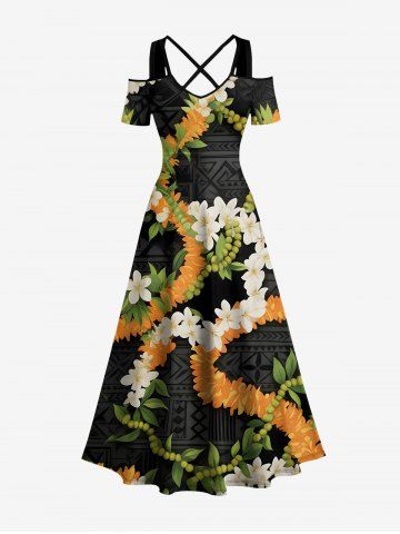 Robe longue hawaïenne à épaules dénudées et dos croisé, imprimé fleurs et feuilles