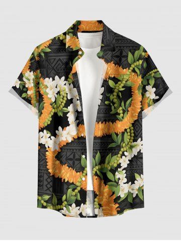 Flowers Leaf Print Buttons Pocket Hawaii Shirt For Men - BLACK - 4XL