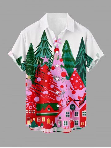 Chemise homme imprimée sapin de Noël et maison, boutons et poche - WHITE - M