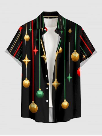Chemise pour homme imprimé boules de Noël, étoiles et glands, avec boutons et poche - BLACK - S