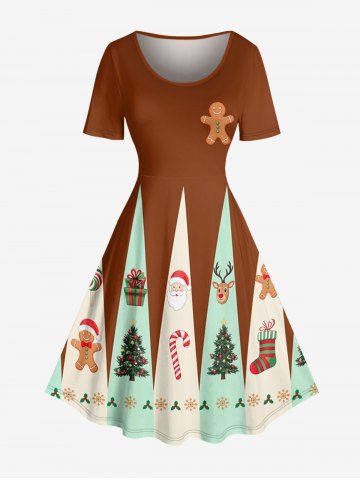 Robe vintage à imprimé sapin de Noël, Père Noël, élan et pain d'épices - BROWN - 5X