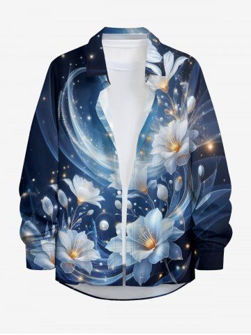 Chemise hawaïenne boutonnée à manches longues pour homme, imprimé galaxie fleurs et feuilles à paillettes - DEEP BLUE - 5XL