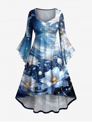Glitter Flower Leaf Galaxy Print Hawaii Ruched High Low Asymmetric Dress - DEEP BLUE - S