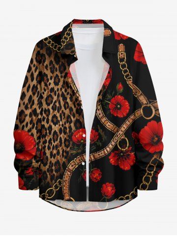 Chemise hawaïenne à boutons et manches longues pour homme, imprimé léopard fleuri et chaîne de ceinture - BLACK - M
