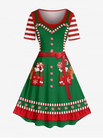 Christmas Pocket Gingerbread Snowflake Candy Print Vintage Dress - GREEN - 6X