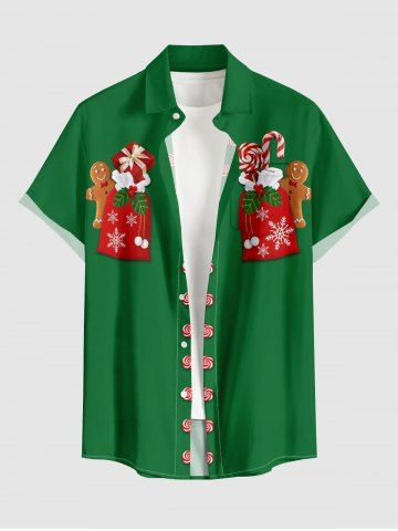 Chemise pour homme avec poche et boutons, motif de Noël pain d'épices, flocons de neige et bonbons - GREEN - 5XL