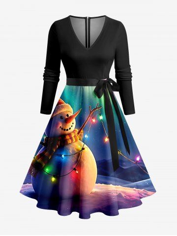 Robe trapèze à manches longues et ceinture amovible, imprimé sapin de Noël lumineux, bonhomme de neige et dégradé galaxie aurore - BYZANTINE - 2X