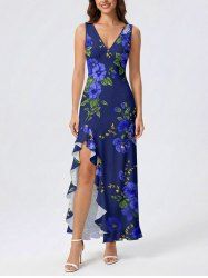Flower Leaf Print Hawaii Ruffles Split Dress -  