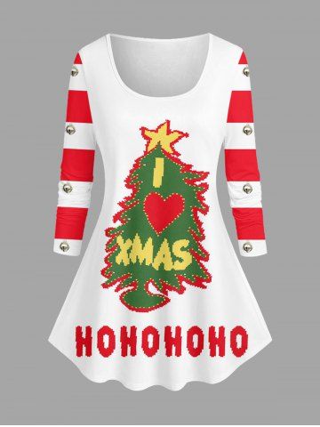 Women's Christmas Tree Bells Stripes Print Long Sleeves T-shirt - RED - XS