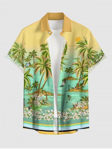 Coconut Tree Sea Flower Print Hawaii Button Pocket Shirt For Men - YELLOW - 2XL
