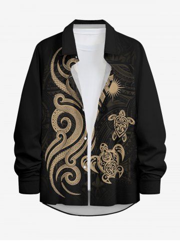 Ethnic Pattern Turtle Print Buttons Long Sleeve Hawaii Shirt For Men - BLACK - 4XL