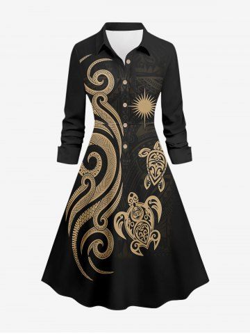 Ethnic Pattern Turtle Print Buttons A Line Hawaii Shirt Dress - BLACK - 1X