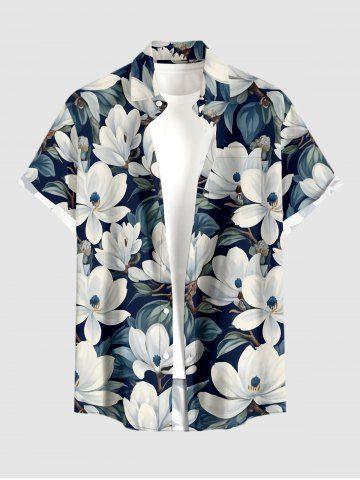 Chemise hawaïenne pour homme à imprimé fleurs et feuilles, boutons et poche - DEEP BLUE - M