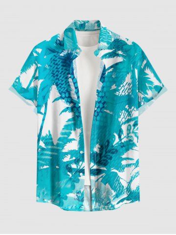 Chemise hawaïenne pour homme à imprimé palmiers et cocotiers, boutons et poche poitrine - TURQUOISE - S