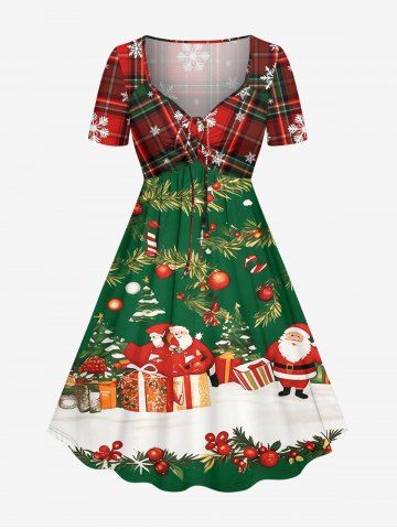 Christmas Ball Tree Santa Claus Plaid Snowflake Print Cinched Dress - DEEP GREEN - 6X