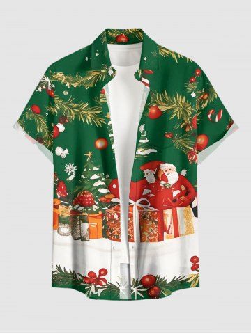 Chemise pour homme à boutons et poche, imprimé sapin de Noël, boules et Père Noël - DEEP GREEN - S