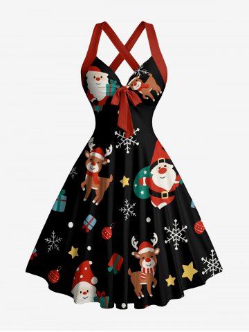 Christmas Elk Snowflake Santa Claus Print Crisscross Straps Bowknot Tank Dress - BLACK - XXXL