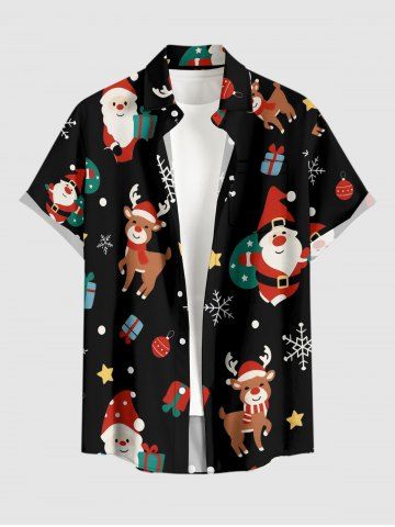 Chemise pour homme à imprimé Père Noël, élan et flocons de neige, avec boutons et poche - BLACK - L
