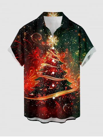 Chemise pour homme à boutons et poche, imprimé 3D sapin de Noël, flocon de neige, galaxie et paillettes - DEEP RED - L
