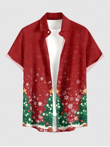 Christmas Tree Snowflake Print Button Pocket Shirt For Men - RED - S