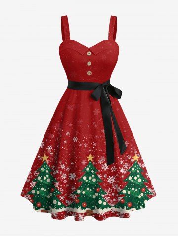 Robe trapèze boutonnée à imprimé sapin de Noël et flocons avec ceinture amovible - RED - XS