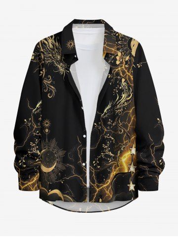 Sun Moon Star Lightning Dragon Flower Print Hawaii Button Long Sleeves Shirt For Men - BLACK - 3XL
