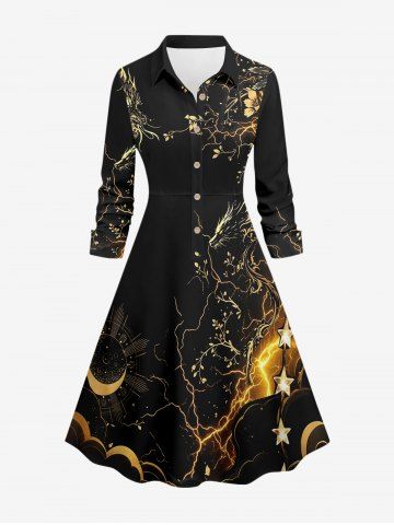 Sun Moon Star Lightning Dragon Flower Print Hawaii Button A Line Shirted Dress - BLACK - M
