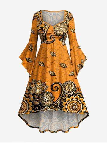 Robe asymétrique froncée à imprimé floral et feuillages ethniques, esprit Hawaï - DARK ORANGE - 5X