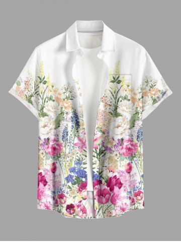 Flowers Leaf Print Buttons Pocket Hawaii Shirt For Men - PINK - L