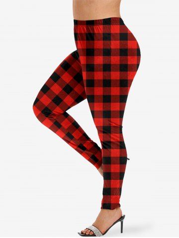 Women's Christmas Plaid Print Printed Leggings - RED - M
