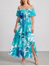 Palm Coconut Tree Print Split Hem Cover Off The Shoulder Hawaii Dress -  