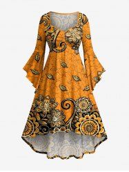 Robe asymétrique à ourlet haut-bas et fronces, imprimé ethnique fleurs et feuilles Hawaï - Orange Foncé 4X