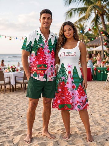 Tenue assortie pour couple avec motif maison et sapin de Noël - WHITE