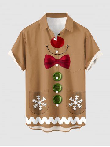 Christmas Gingerbread Snowflake Print Button Pocket Shirt For Men - TAN - 4XL