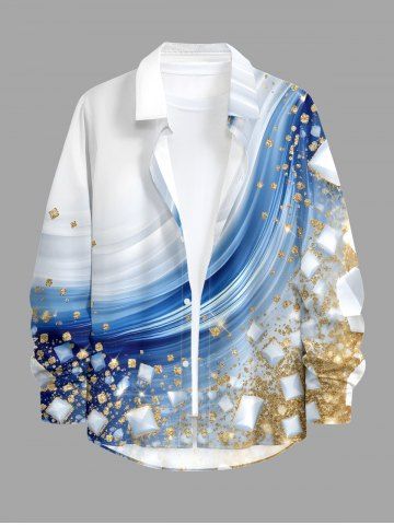 Curve Pattern Diamond Sparkling Sequin 3D Print Buttons Long Sleeve Hawaii Shirt For Men - BLUE - XL