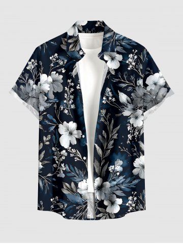 Flowers Leaf Print Buttons Pocket Hawaii Shirt For Men - MIDNIGHT BLUE - 4XL