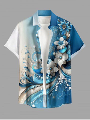 Chemise hawaïenne pour homme, imprimé floral dégradé et perles, boutons et poche - BLUE - M