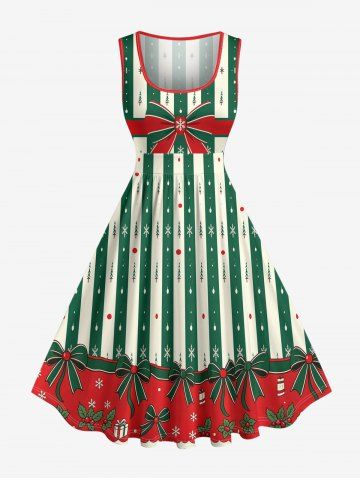 Christmas Tree Snowflake Bowknot Stripes Print 1950s Vintage Tank Dress - DEEP GREEN - 6X