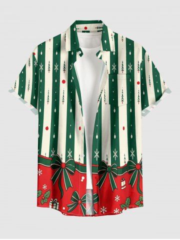 Christmas Tree Snowflake Bowknot Stripes Print Buttons Pocket Shirt For Men - DEEP GREEN - S