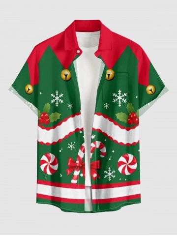 Christmas Bell Holly Fruit Snowflake Candy Print Buttons Pocket Shirt For Men - RED - 6XL