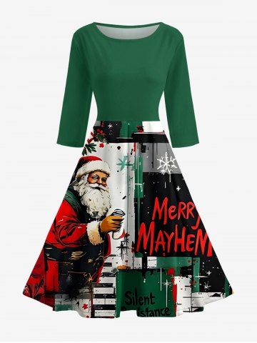 Robe vintage midi années 50 imprimée flocons de neige, lettres et Père Noël