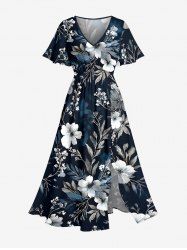 Flowers Leaf Print Split Hawaii Midi Dress -  