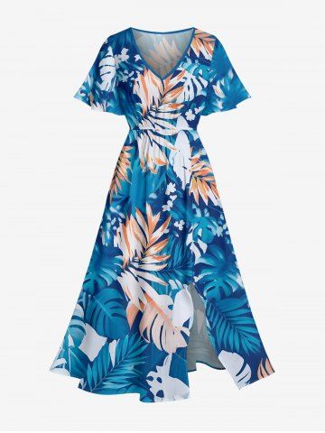 Tropical Leaf Flowers Print Split Hawaii Midi Dress - BLUE - XS