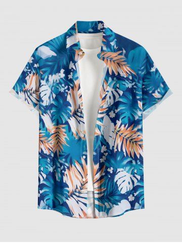 Tropical Leaf Flowers Print Buttons Pocket Hawaii Shirt For Men - BLUE - L