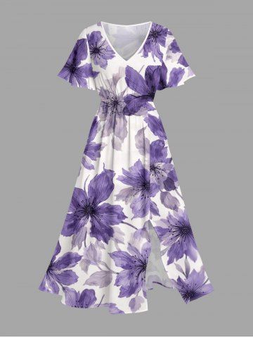 Robe midi hawaïenne fendue à imprimé aquarelle fleurs - PURPLE - 3X