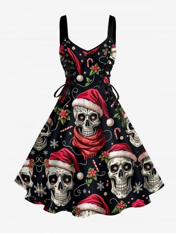 Robe débardeur avec laçage et œillets, imprimé chapeau de Noël, crâne, Père Noël, flocon de neige et fleur - BLACK - S