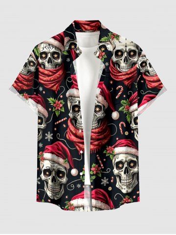 Chemise homme boutonnée avec poche, motif chapeau de Noël, crâne, Père Noël, flocon de neige et fleurs - BLACK - M